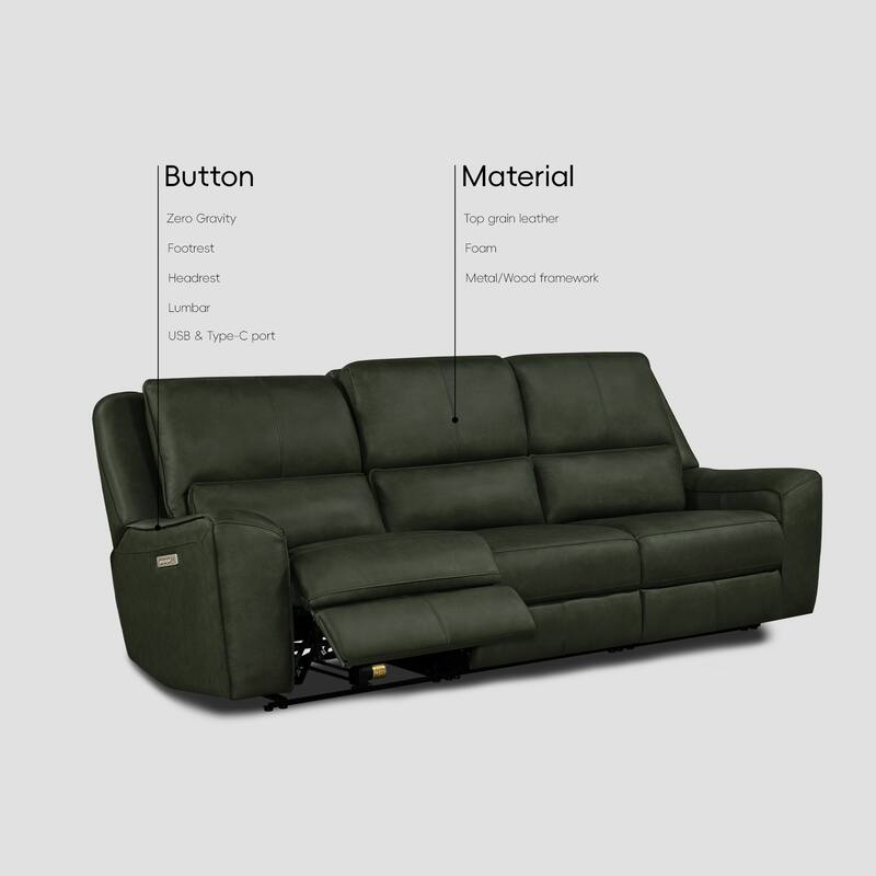 116" W Top Grain Leather Triple-Power Oversized Width Seat Sofa with Ajustable Headrest, USB & USB-C Charging