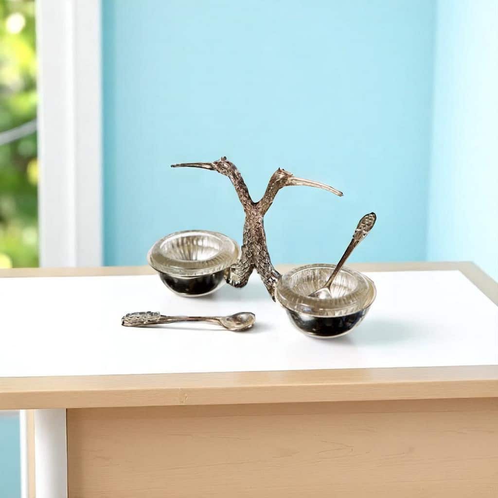 Modern Silver Salt and Pepper Cellar with Clear Glass Compartments and Silver Serving Spoons - 5.5 L x 2.25 W x 3.25" H