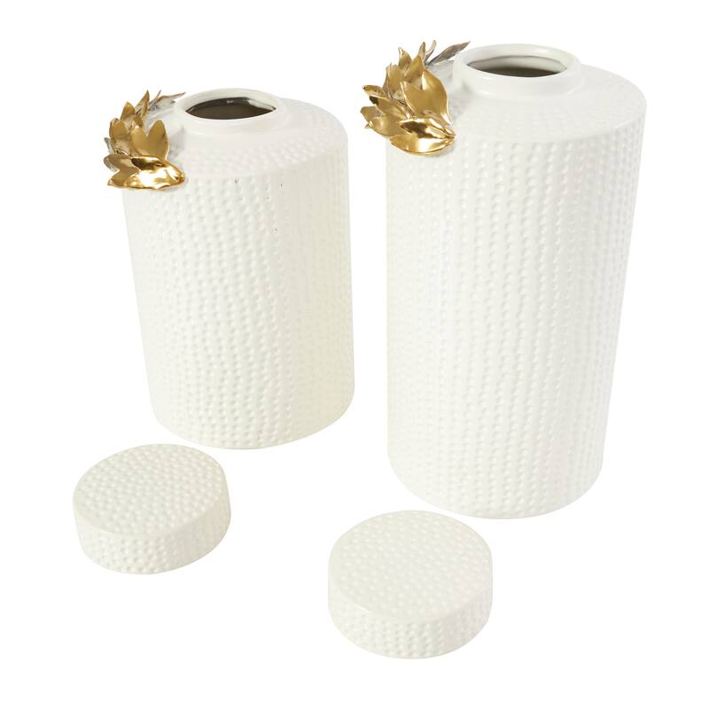 White Ceramic Living Room Decorative Jars with Abstract Spotted Pattern and Gold Leaf Accents (Set of 2)