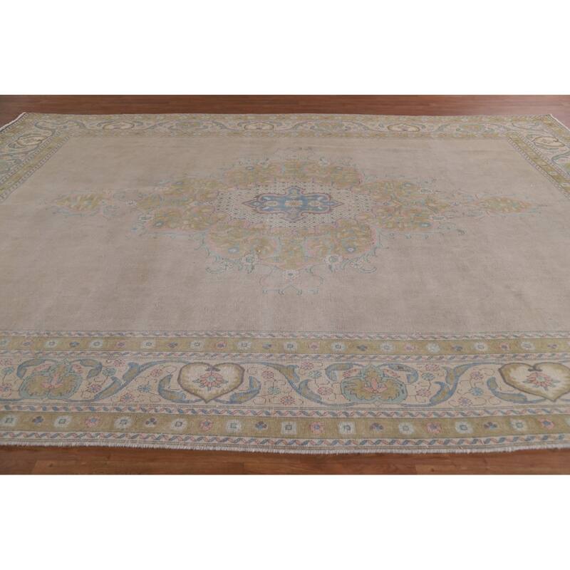 Hand Knotted Oriental 100% Wool Carpet Traditional Medallion Beige & Ivories Tabriz Area Rug - 12' 8'' X 9' 6''