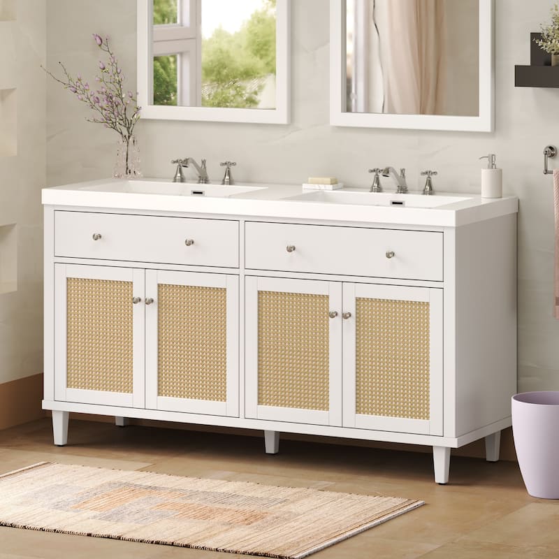 Christopher Knight Home - Bellmere 60" Modern Double Sink Bathroom Vanity with SMC Sink, Soft-Close Storage, and Solid Wood Legs