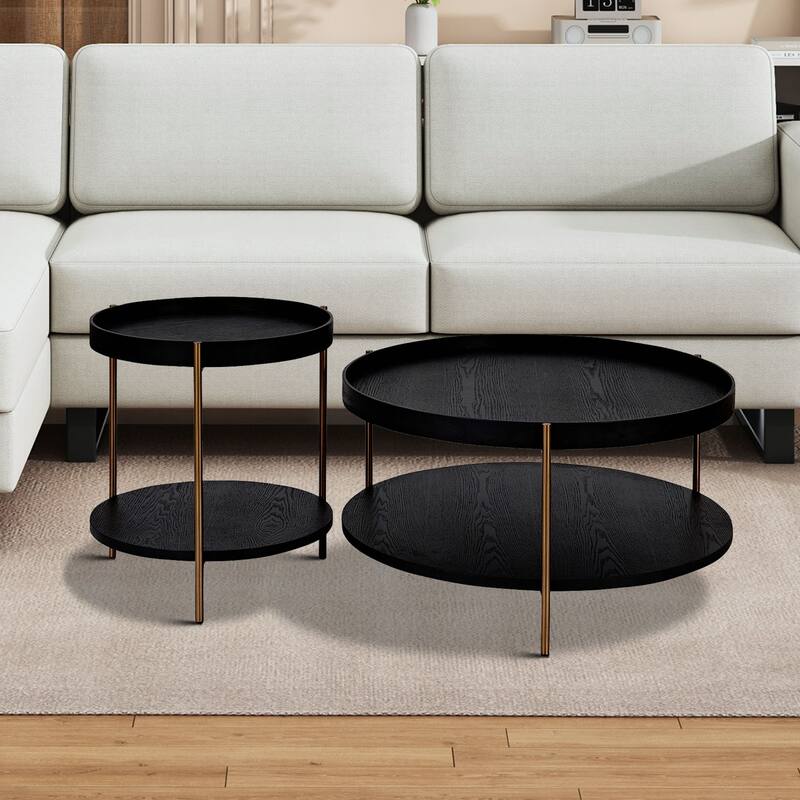 Classic Vintage 2 Piece Wooden Coffee Table Set with Metal Legs - Matt Black+Gold
