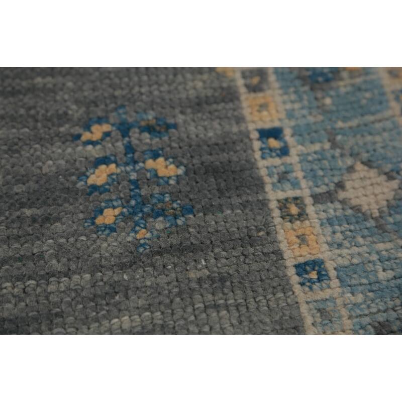 Hand Knotted Oriental 100% Wool Carpet Transitional Geometric Greys & Charcoal Oushak Runner Rug - 15' 0'' X 3' 2''