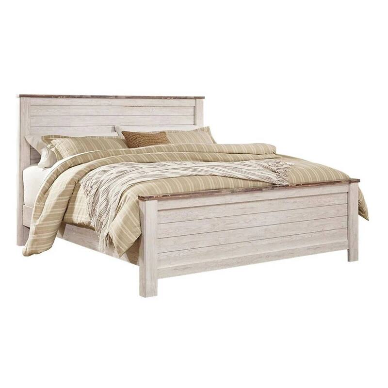 Isla King Panel Bed, Faux Planks Block Pattern, Whitewash & Brown Wood