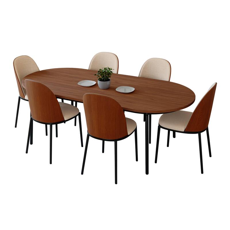 7-Piece Dining Set in Black Steel with 6 Chairs and Table Tule Collection by LeisureMod - Walnut/Light Brown