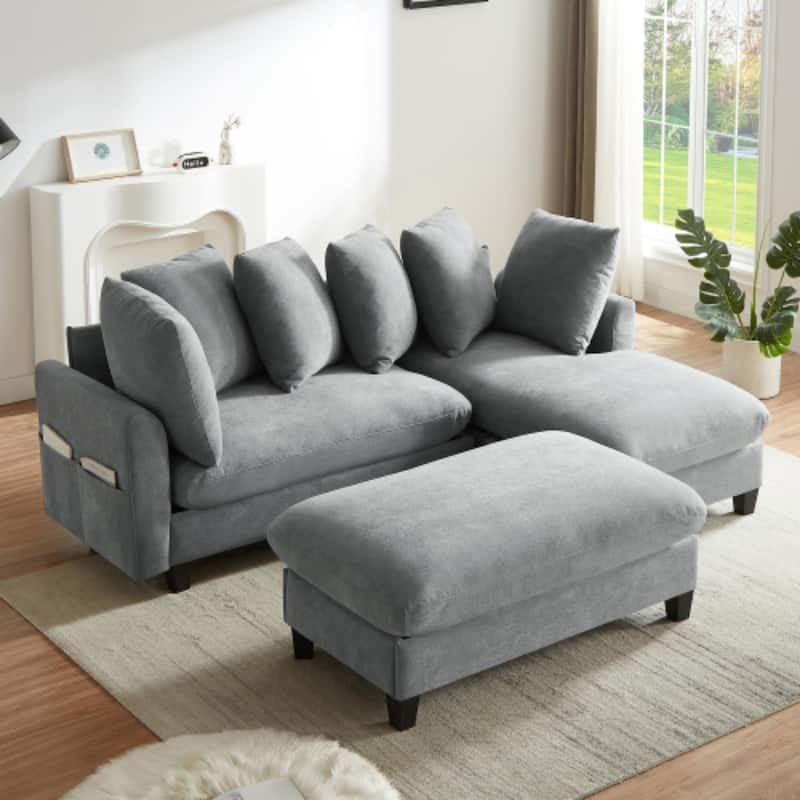 Luxurious L-Shaped Sectional Sofa with Hidden Storage, Movable Ottoman & Throw Pillows
