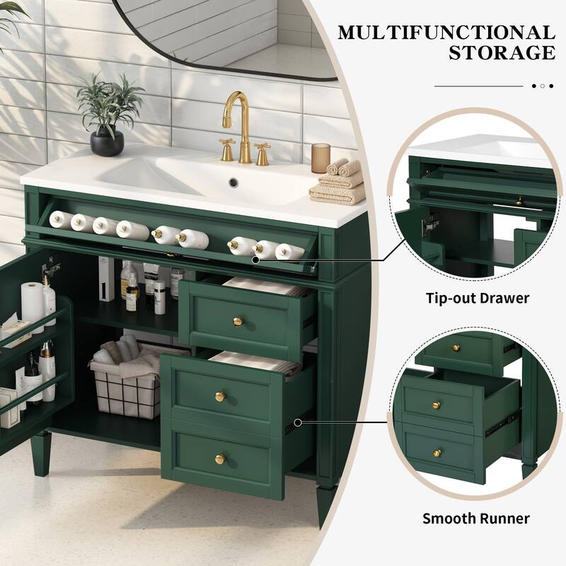 36 Inch Bathroom Vanity with Sink, Freestanding Cabinet with 2 Drawers, Tip-Out Drawer, Soft-Close Door & Resin Basin
