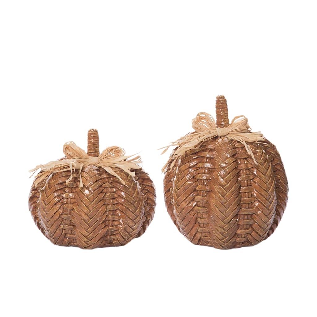 Transpac Resin 6.5 in. Orange Harvest Rattan Style Pumpkin Set of 2