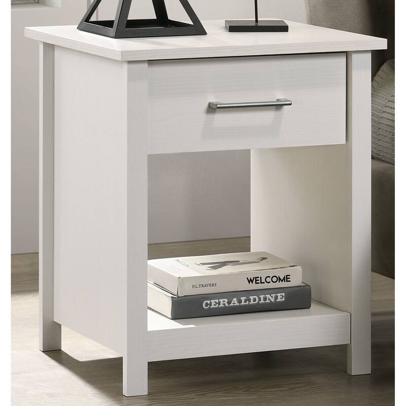 White 1-Drawer Nightstand with Open Shelf and Metal Handles