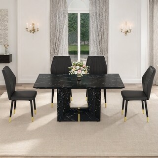Elegant 63" Black Marble Pattern Wood Dining Set with 4 Black PU Chairs ...