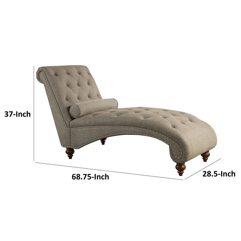 Amey 69 Inch Chaise Lounger, Solid Wood, Rolled Button Tufted Gray Fabric
