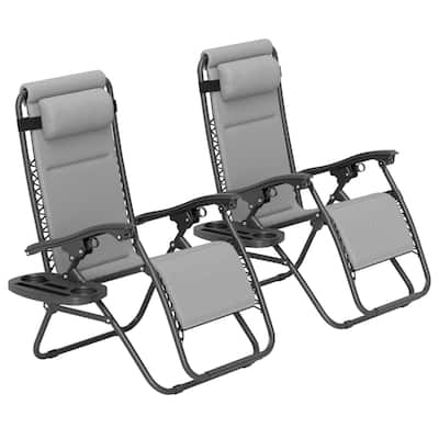 Set of 2 Outdoor Reclining Lounge Chairs with Mesh Fabric Headrest and Removable Tray - 24.8"W x 35.4"D x 42.9"H