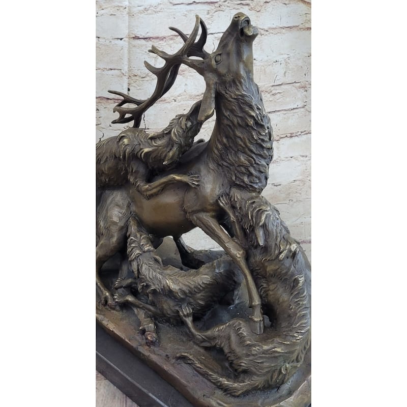 Elk Reindeer Attacked By Hunting Dogs Bronze Statue Sculpture Figure Barye 14 Inches X 16 Inches