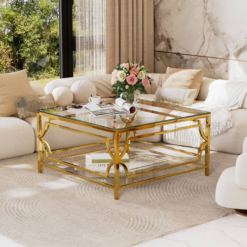 33.5" Square Glass Coffee Table, Modern Metal Frame Table with Tempered Glass Top & Lower Shelf, Luxury Living Room Accent Table - Transparent