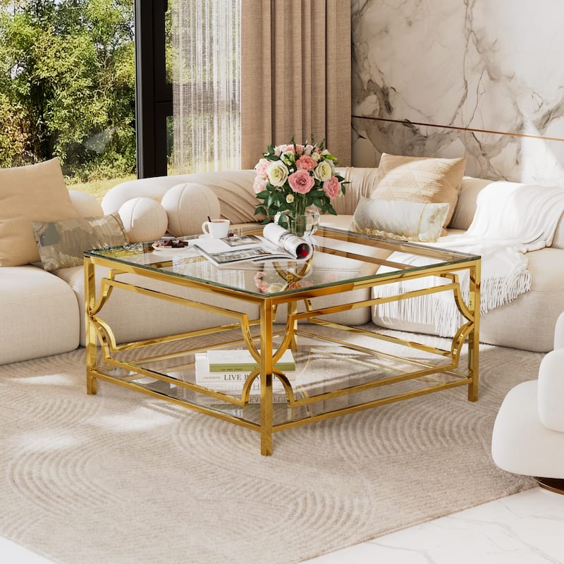Square Glass Coffee Table in 33.5",Luxurious Geometric Metal Frame,Gold Finish & Lower Shelf - Transparent