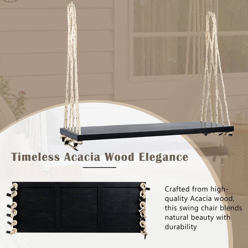 Acacia Wood Swing Chair, Hanging Porch Bench with Cushion & Pillows, 400lb Capacity & 10.8ft Ropes