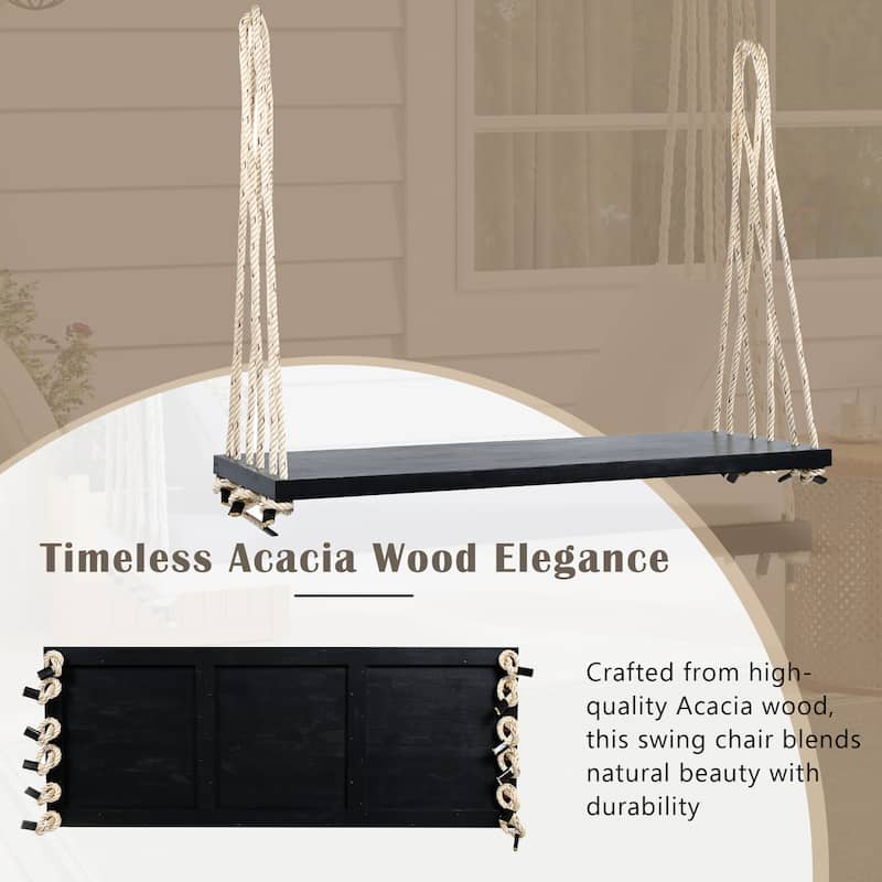 Roomfitters Patio Wooden Swing Chair with Cushion & Pillows, Hanging Porch Bench with 10.8Ft Hemp Ropes for Garden