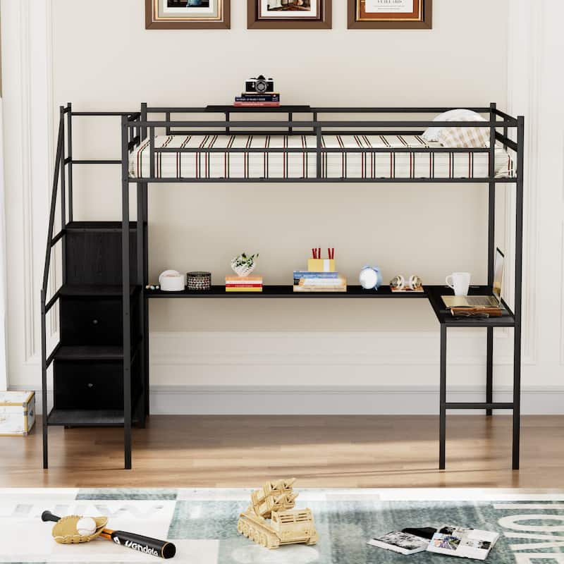Full Size Metal Loft Bed with L-Shaped Desk, RGB LED Lighting, USB Charging Station, Wardrobe Cabinet, Drawers, Ladder