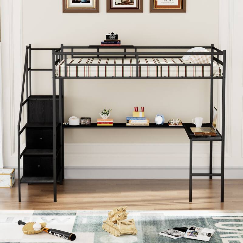Full Size Metal Loft Bed with L-shaped Desk, LED Lights, Charging Cradle, Wardrobe, and Drawers