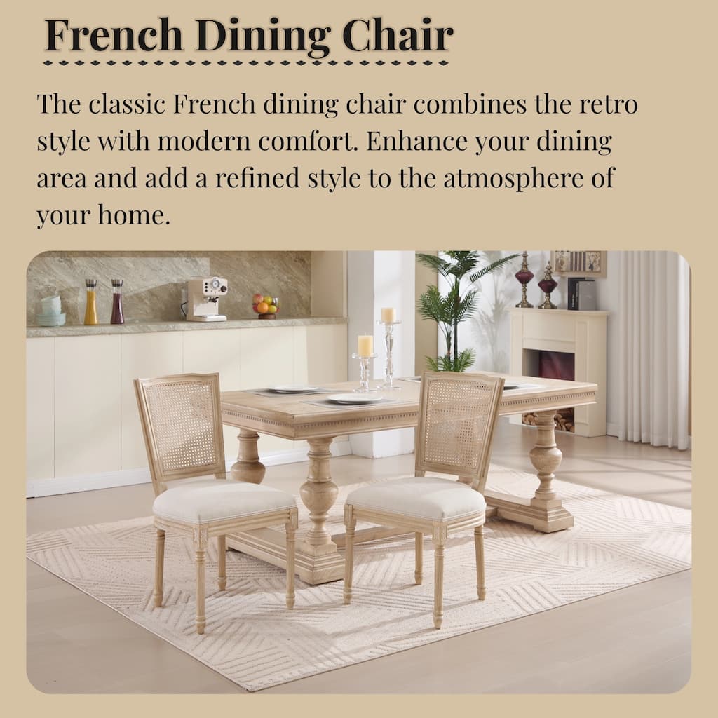 Upholstered Dining Chairs Set of 2, Kitchen Side Chairs with Rattan T-shaped Back, Lounge Chair with Solid Wood Legs