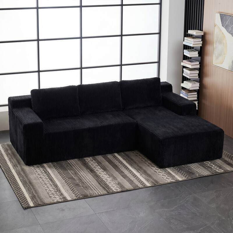Corduroy L-Shaped Modular Sofa, Luxury Foam-Filled Floor Couch - Black