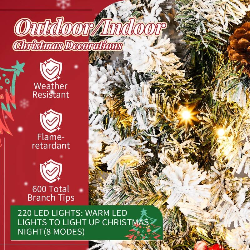 Pre-lit Snow Flocked Christmas Wreath, Lighted Artificial Xmas Wreath with Lights and DIY Ornaments, for Xmas Party Decorations