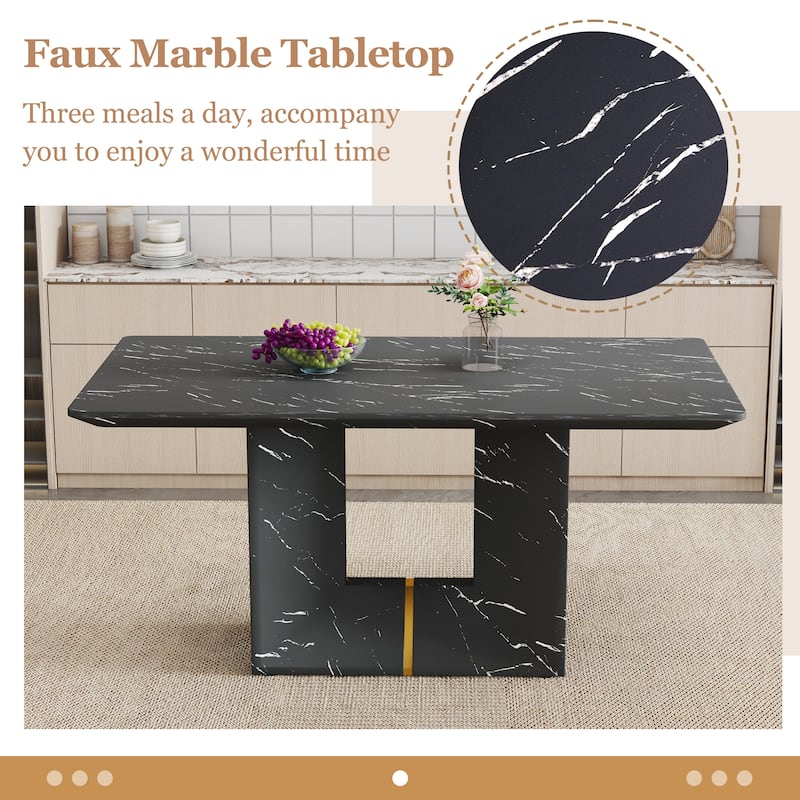 7-Piece Dining Table Set with Marble Pattern Top, O-Shaped Legs, Integrated Seat and Backrest, Non-Slip Feet