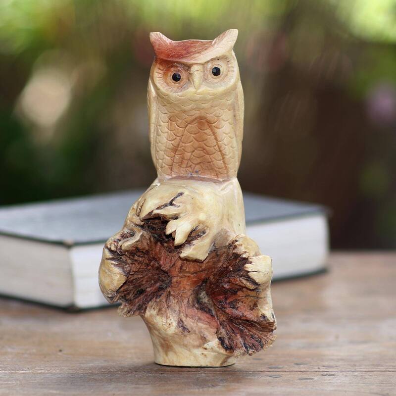 Wood sculpture, 'Silent Owl' - 7.75" H x 3.9" W x 2.8" D