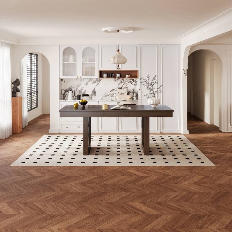 60"-78" Extendable Dining Table with Smooth Rails, Wooden Kitchen Table with Removable Leaf, Double U-Shape Base