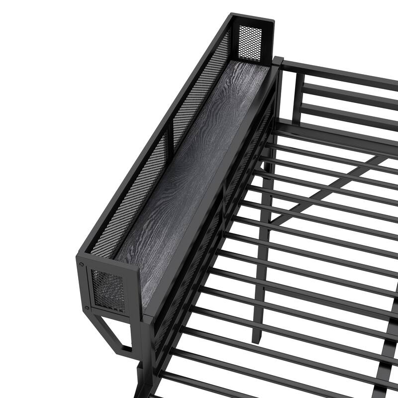 High Loft Bed Frame with Upper Side Storage Shelves, Black Metal Loft Bed with Ladder for Kids Teens