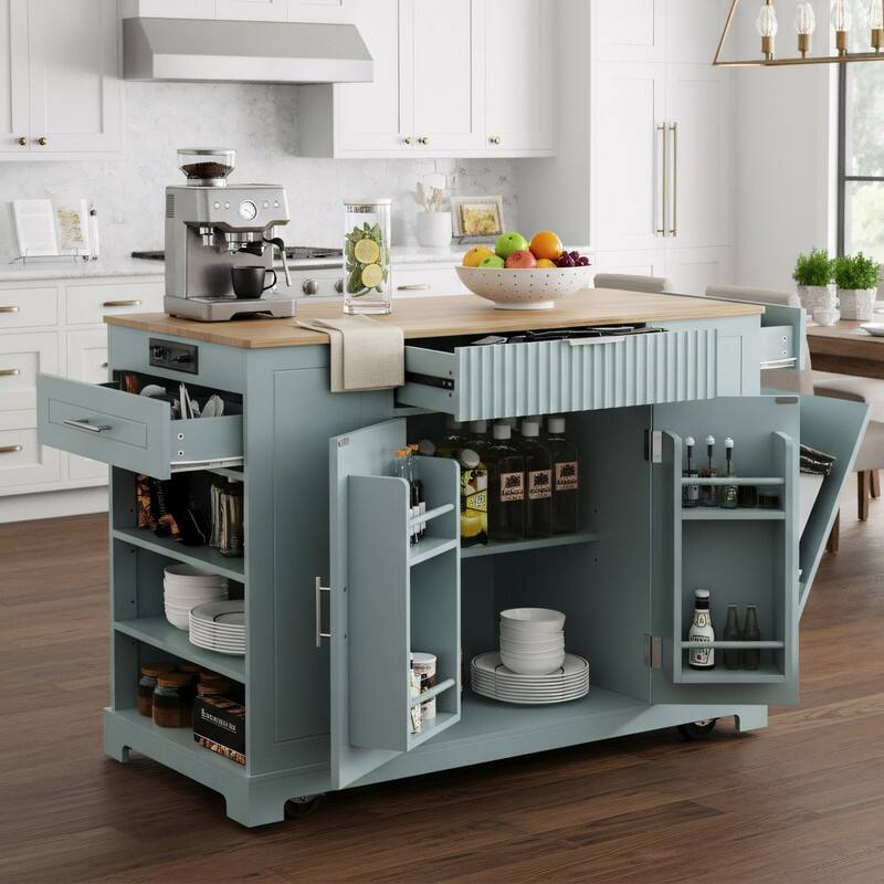 Rolling Kitchen Islands on 5 Wheels with 3 Drawer, 3 Open Side Racks for 10 Gallon Garbage Bin