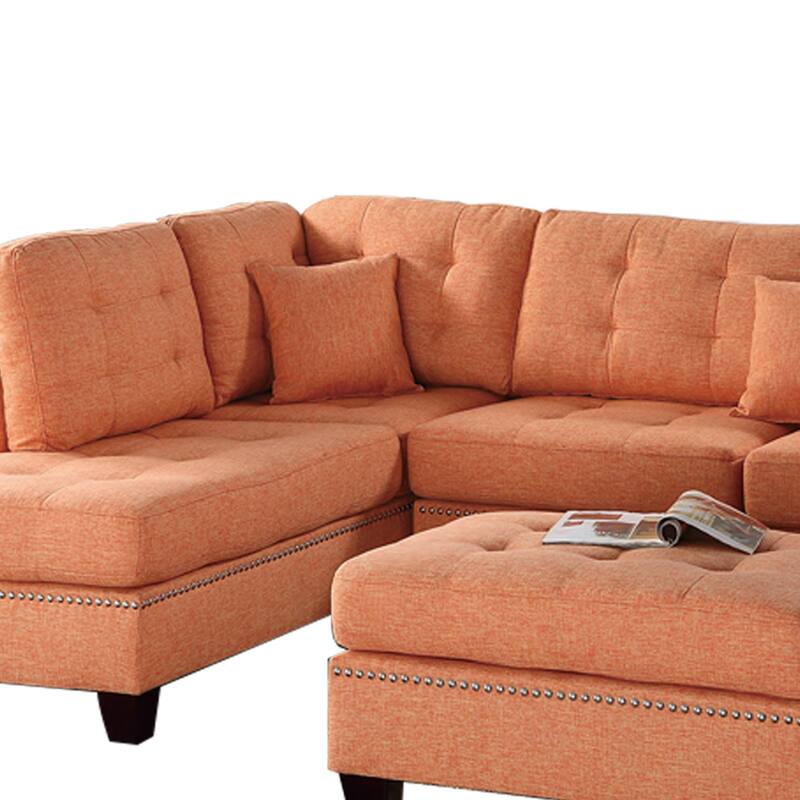 3-Piece Orange Fabric 4-Seater L-Shaped Sectional Sofa with Wood Legs
