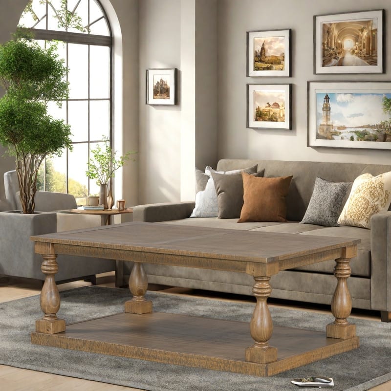 45.2" Pine Vintage Coffee Table - Vase Column Legs & Pine Veneer Top (Solid Rubberwood Base) - Brown
