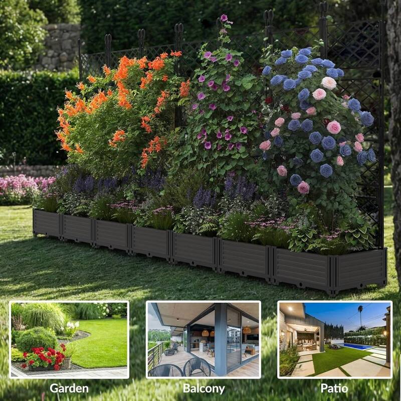 7 Compartment Raised Garden Bed with Trellis & Privacy Screen, Garden Planter Box