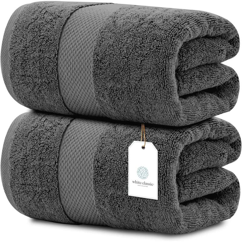 White Classic Luxury Cotton Oversized Bath Sheet 35x70 - Set of 2 - Dark Grey