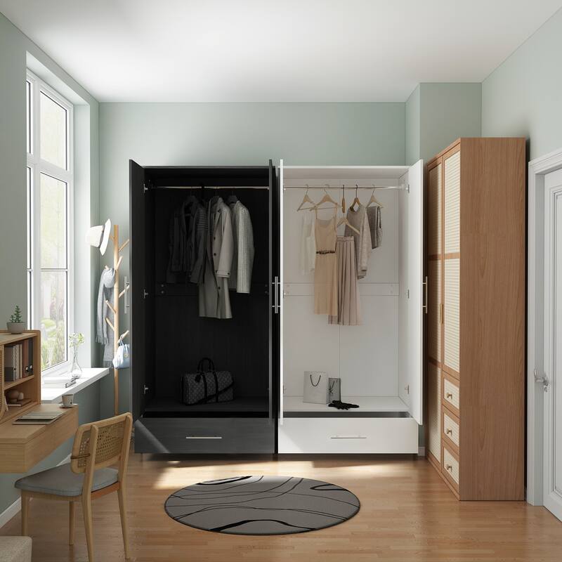 31.5" Freestanding Wardrobe Closet with Drawer, 2 Door Armoire with Hanging Rod, Modern Bedroom Storage Cabinet, Black/White