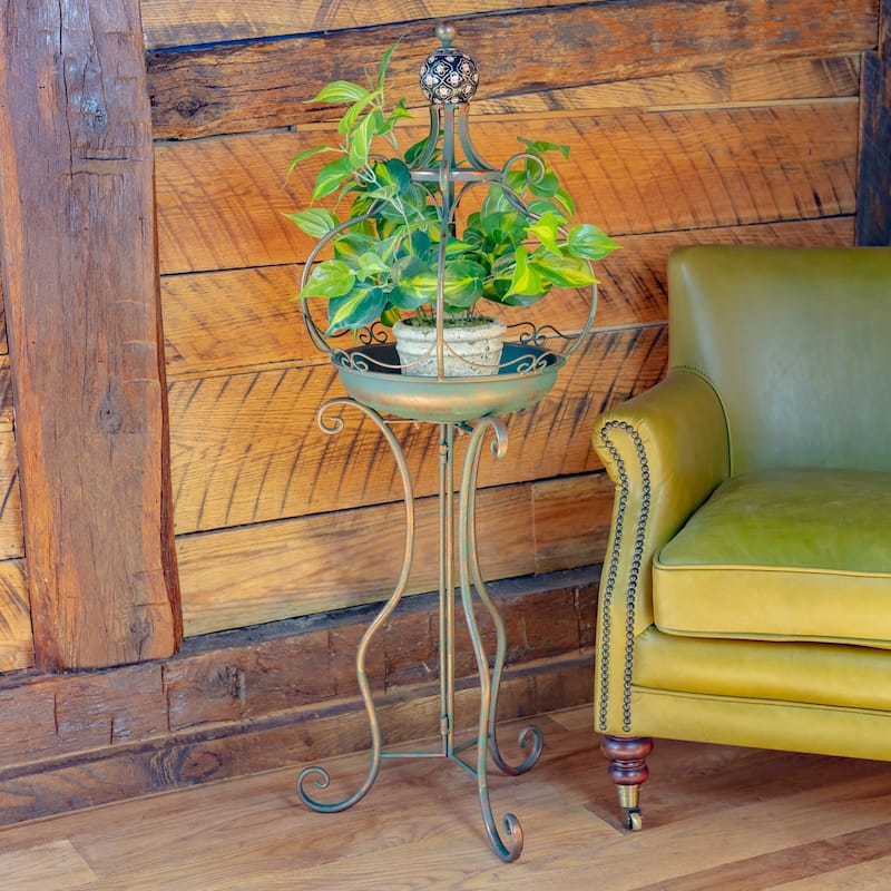 45 Inch Tall Standing Bronze Iron Birdbath with Ceramic Sailor Ball - 14.57x14.57x44.88 - Brown