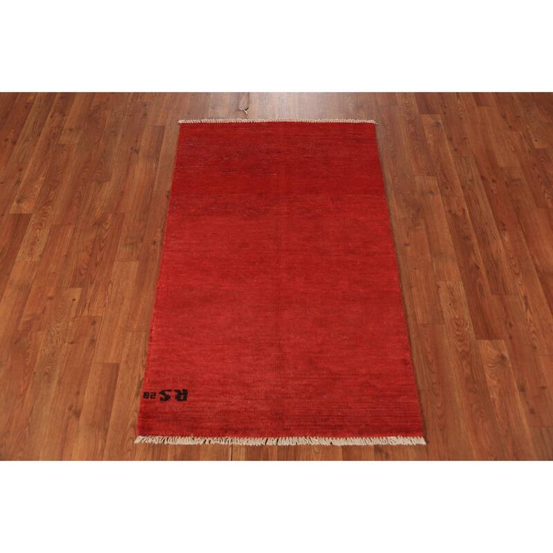 Modern Gabbeh Oriental Rug Hand-Knotted Solid Red Wool Carpet - 2'6" x 4'0"