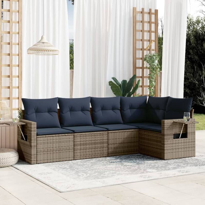 vidaXL Patio Sofa Set with Cushions Outdoor Conversation Furniture Poly Rattan - 24.4 x 24.4 x 27.2 - Grey and Blue-Without table