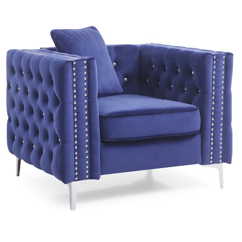 Solid Jeweled Button Tufted Accent Chair with Pillow - 40" - Blue and Silver
