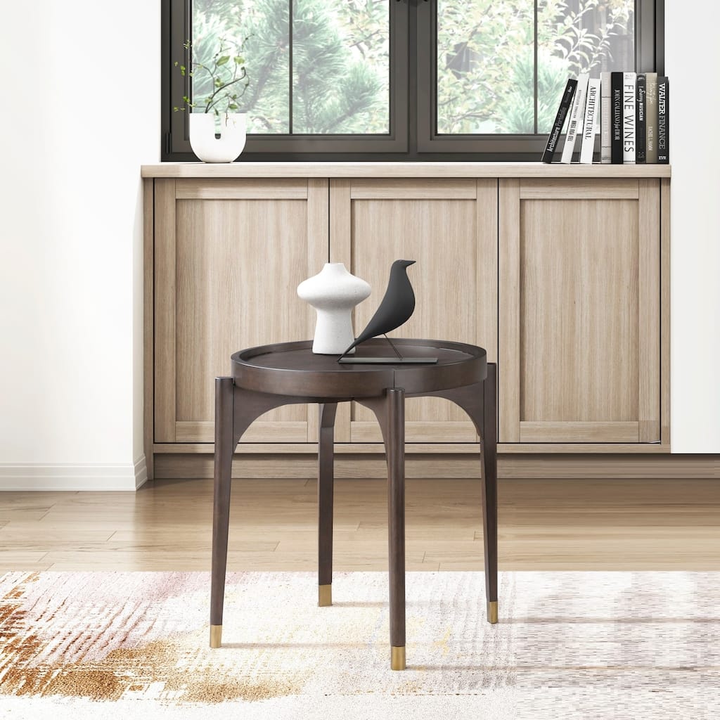 Dark Brown Finish Round End Table Solid Wood Legs with Metallic Gold Tip Classic Luxury Living Room Furniture 1pc Side Table