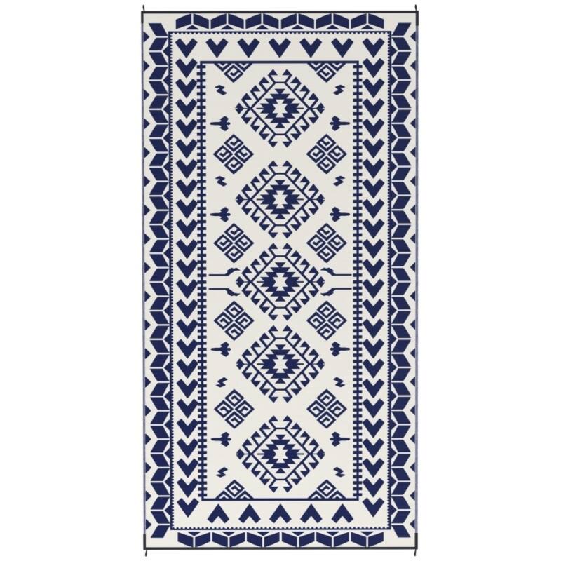 Reversible Outdoor Rug Rhombus Patchwork, UV-Protected, Foldable & Portable Polypropylene Mat - 215.7" L x 107.9" W - Blue and White