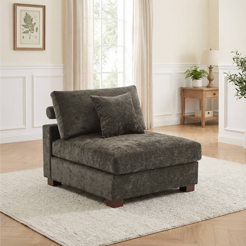 Plush Chenille Single Modular Sectional Sofa Chaise with Pillows - Camel-Armless - Symmetrical