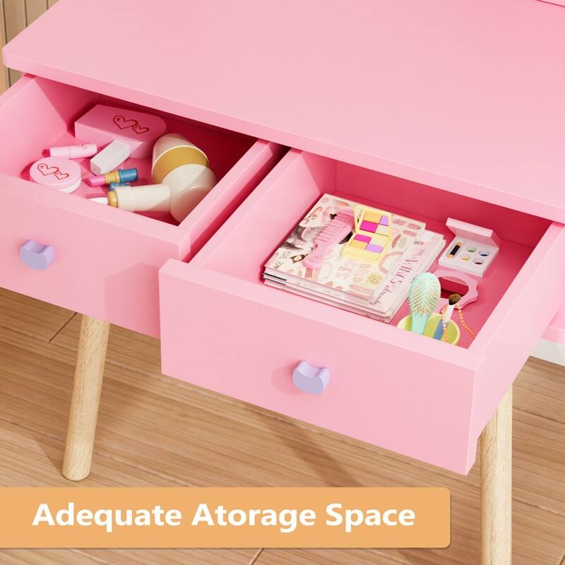 Kids Cat Mirror Vanity Makeup Dressing Table With 7 Pretend Play Accessories - N/A