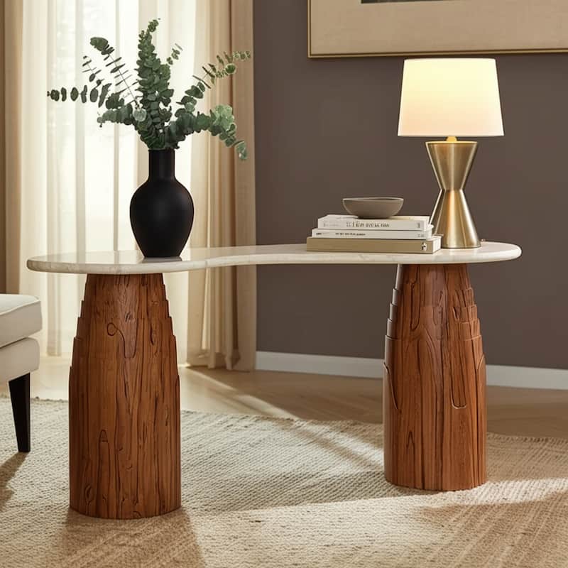 Marble Wood Console Table Decorative Base - 47" Ivory/Brown - 47.5" x 14" x 29" - 47.5" x 14" x 29" - Ivory - Marble