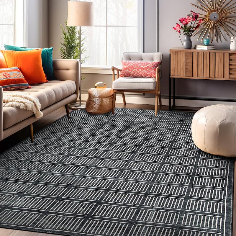 World Rug Gallery Bohemian Stripe Lines Washable Non Slip Area Rug - Black - 8'x10'
