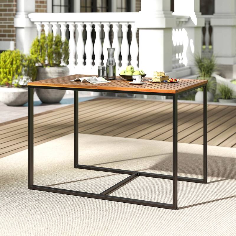 Costway 4-Person Acacia Wood Patio Dining Table with Metal Frame for - See Details - Natural and Black