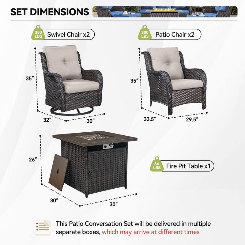 Fire Pit Table with 2 Swivel Chairs 2 Patio Chairs Brown-Beige - Brown