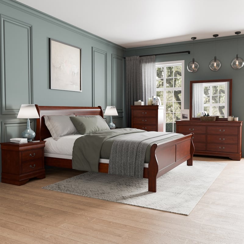 Furniture of America Devi Traditional Solid Wood 6-Piece Sleigh Bedroom Set - Cherry - King