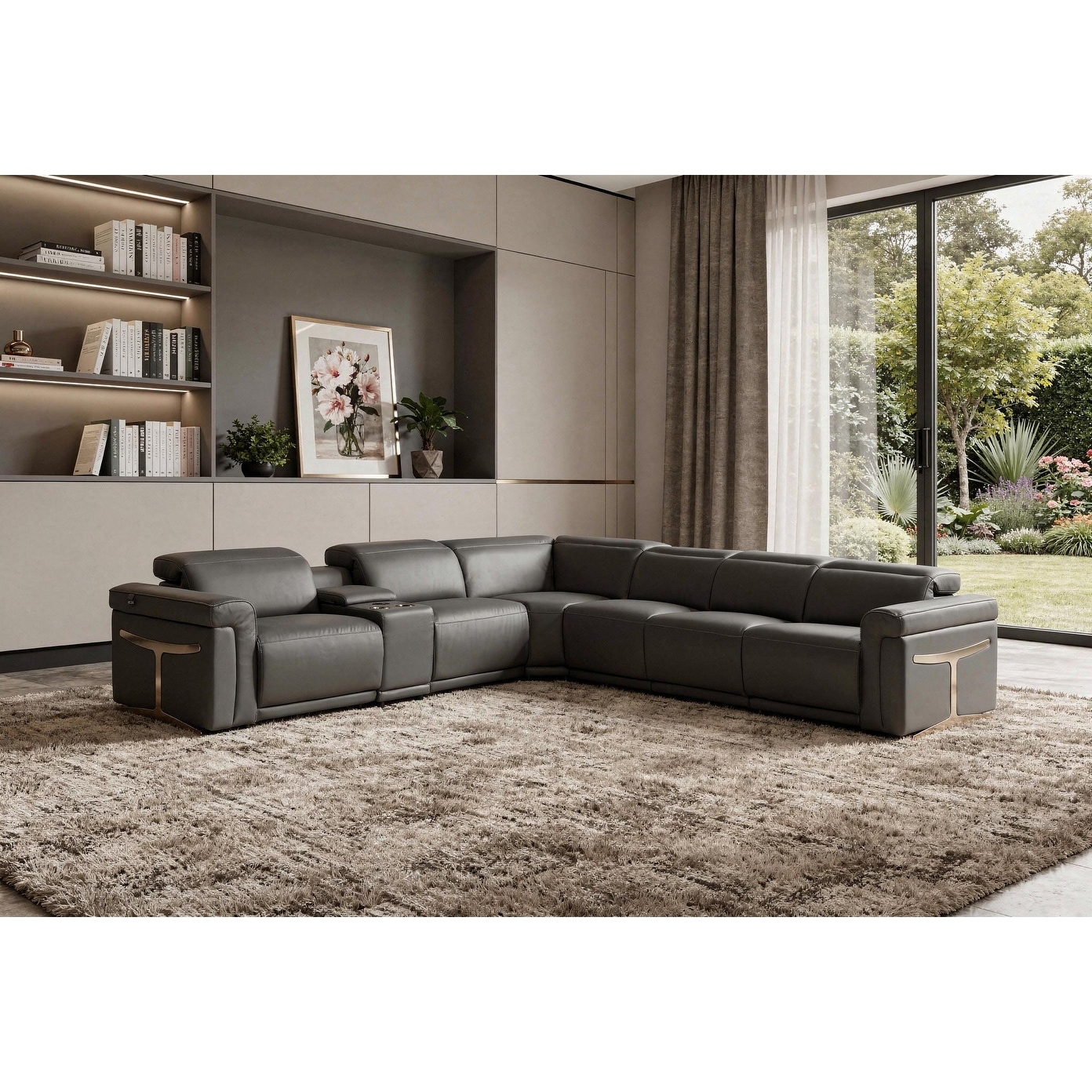 HomeRoots Gray Italian Leather Modular L Shaped Seven Piece Corner Sectional With Console